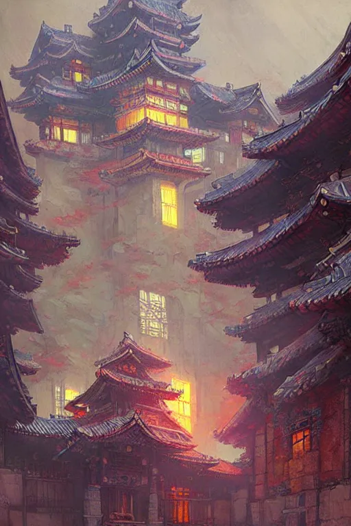 Image similar to cyberpunk Korean ancient castle, fantasy, painting by greg rutkowski and alphonse mucha