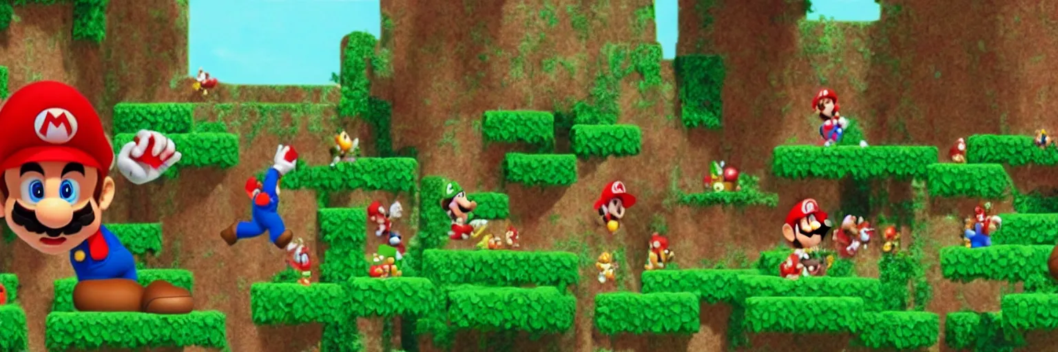 Image similar to stills from a movie about super mario in the garden of eden, film grain