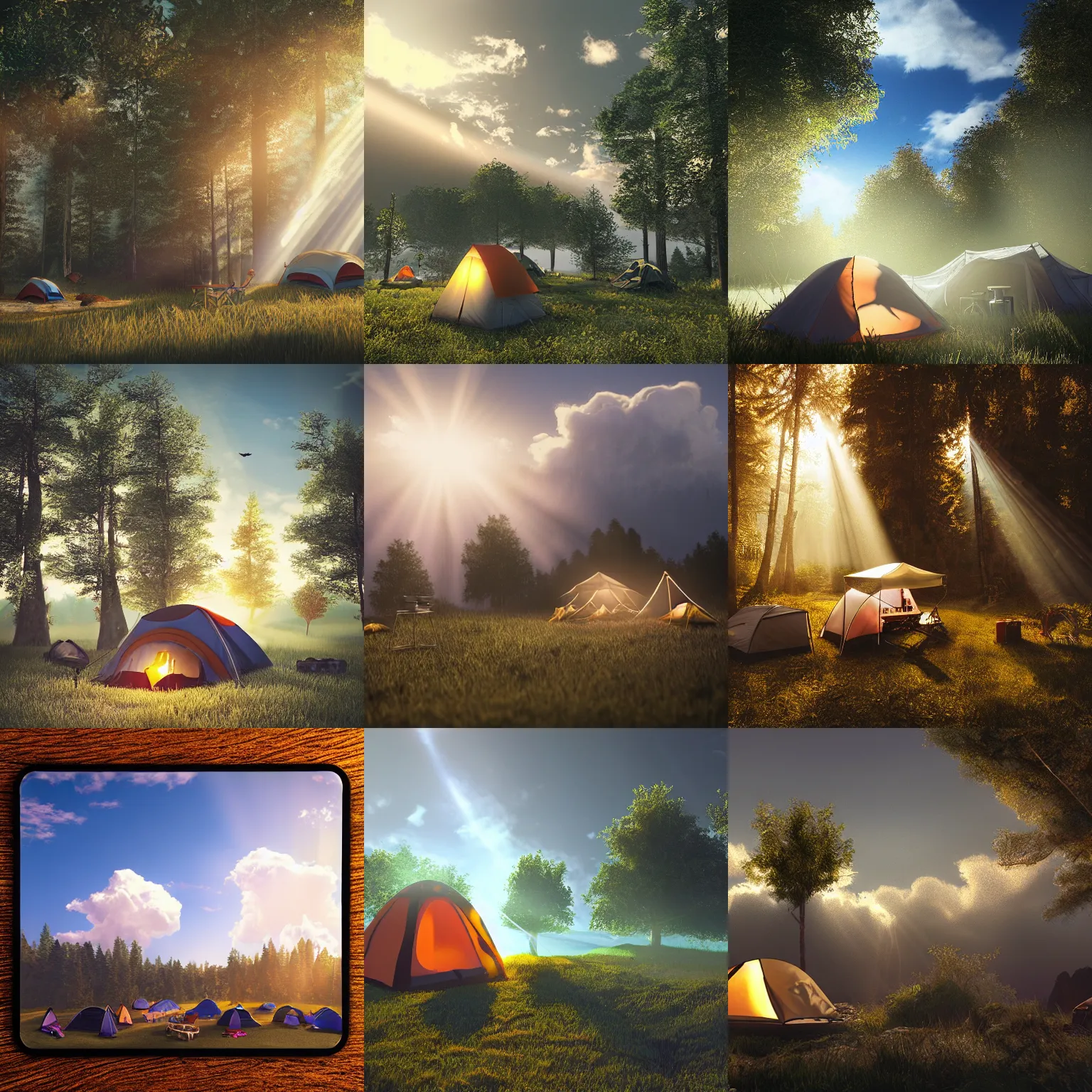 Prompt: campsite in fluffy clouds, light rays, octane, fantasy