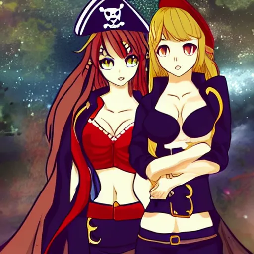Prompt: a scene of two beautiful female pirate captains standing face to face, detailed anime art
