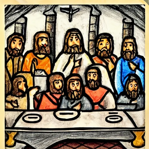 Image similar to last supper, drawn by a 5 year old detailed, sketh
