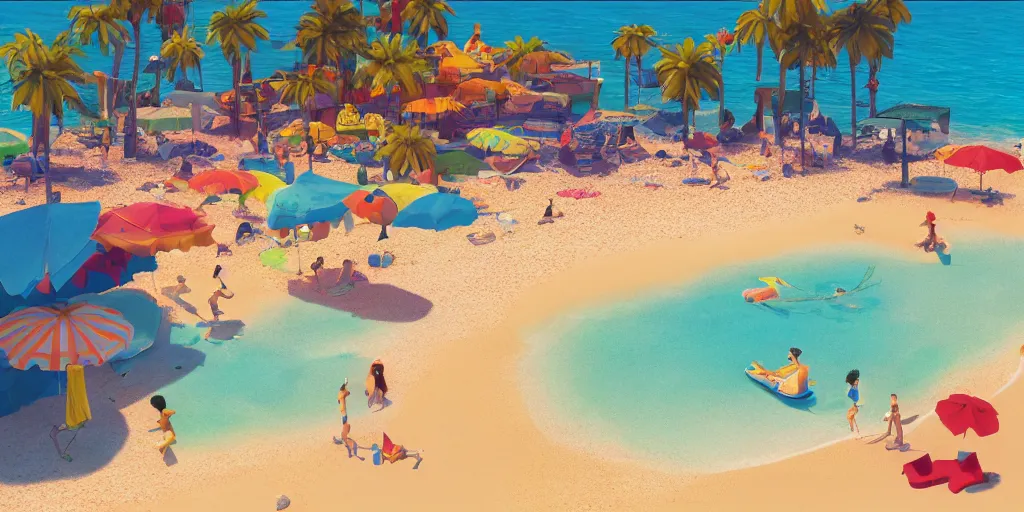 Prompt: a film still of a sunny and colourful beach scene in santa monica, los angelos, top shot, wes anderson, studio ghibli, pixar and disney animation, sharp, rendered in unreal engine 5, anime key art by greg rutkowski, bloom, dramatic lighting