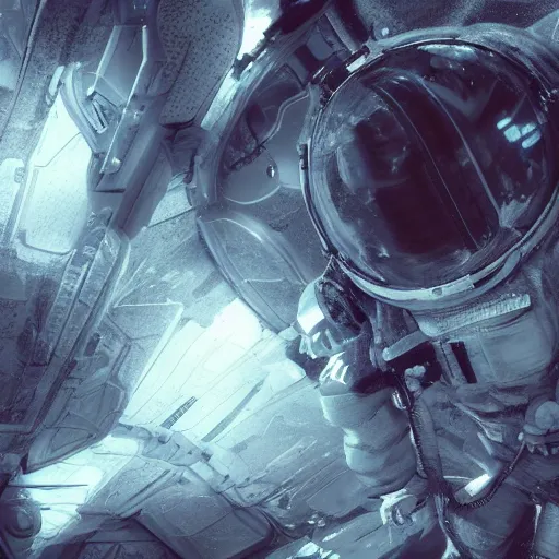 Image similar to concept art by craig mullins astronaut in futuristic dark and empty spaceship underwater. infrared complex and hyperdetailed technical suit. mandelbulb fractal. reflection and dispersion materials. rays and dispersion of light. volumetric light. 5 0 mm, f / 3 2. noise film photo. flash photography. unreal engine 4, octane render. interstellar movie art