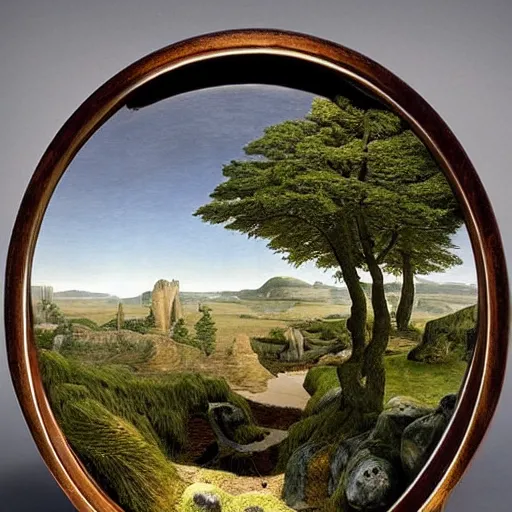 Prompt: a deep stone bowl containing a miniature landscape, surrealism, photorealistic, river and trees and hills, extremely detailed, by rob gonsalves and caspar david friedrich and clara peeters