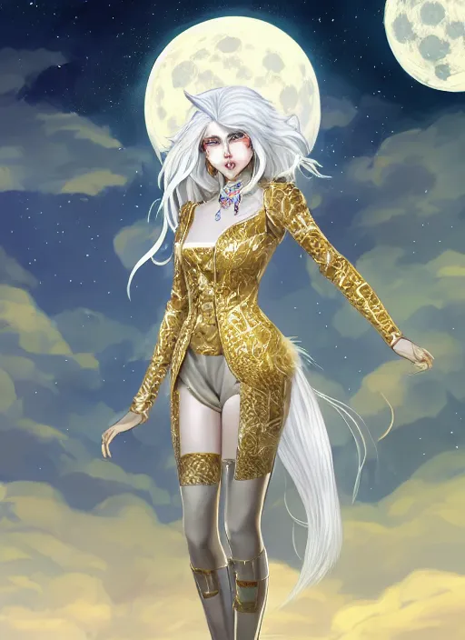 Prompt: commissioned full body portrait of a female anthro werewolf fursona with white hair wearing a white and gold chinese armored dress in a white and gold palace on a starry night with a large rescent moon, by a professional manga illustrator, Stanley Artgerm Lau, WLOP, Rossdraws, James Jean, Andrei Riabovitchev, Marc Simonetti, and Sakimichan, trending on artstation