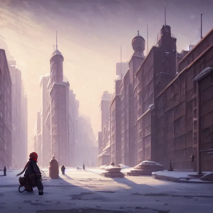 Prompt: empty huge city, winter, in the style of studio ghibli, j. c. leyendecker, greg rutkowski, artem