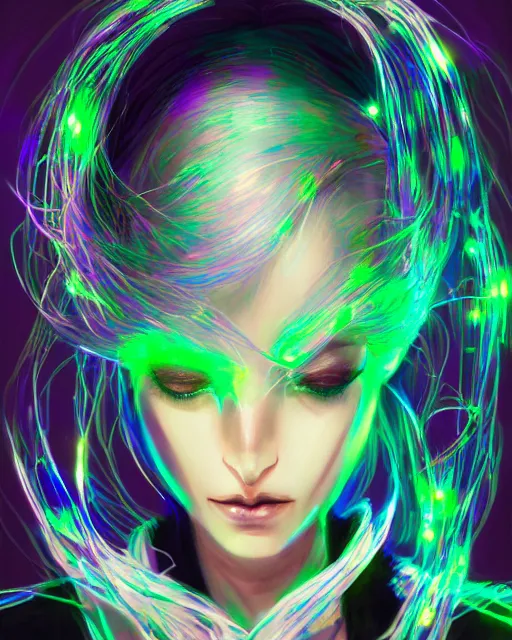 Image similar to portrait of a bioluminescent woman, fashion, beautiful, elegant colorful, artstation trending, deviantart, highly detailed, focus, smooth, by hirohiko araki, yoshitaka amano