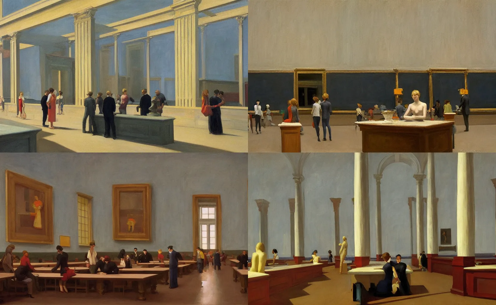 Prompt: the interior of the Louvre, painting by Edward Hopper and Wes Anderson