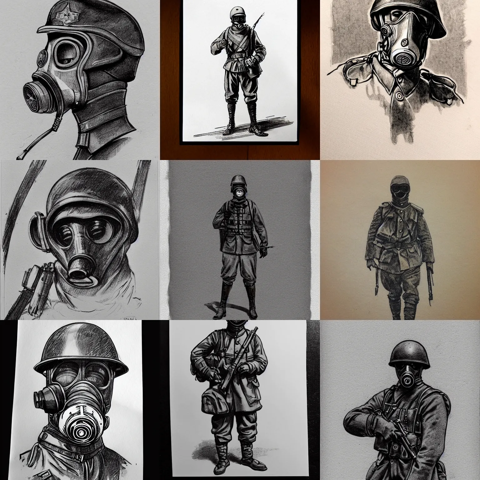 Prompt: beautiful aesthetic inspirational masterful professional ink pen liner sketch of a 1 9 1 0 s ww 1 - era soldier in gas mask, low detailed, trending on artstation, high quality paper
