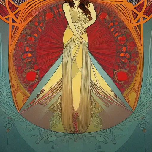 Image similar to flowing theatre red curtains, centered radial design, gold art nouveau graphic elements, painting by mucha, beautiful lighting, anime, studio ghibli, norman rockwell, trending on artstation