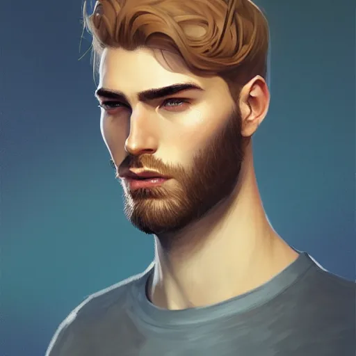 Prompt: tall big man in his twenties with brown blond short regular haircut and round facial structure with cleft chin, straight eyebrows, slightly smiling, cheekbones, wider face, shadow of beard, atmospheric lighting, painted, intricate, 4 k, highly detailed by charlie bowater