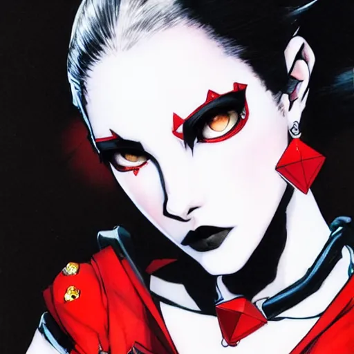 Prompt: beautiful pale - skinned goth girl with a red diamond on her forehead, yoji shinkawa