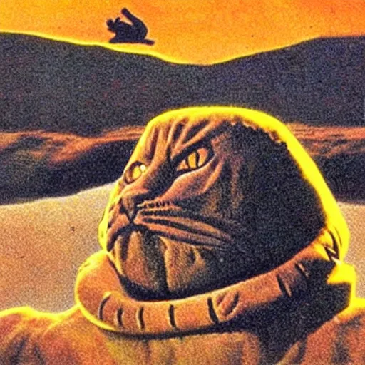 Image similar to the floating head of zardoz, but a cat, floating over a wasteland