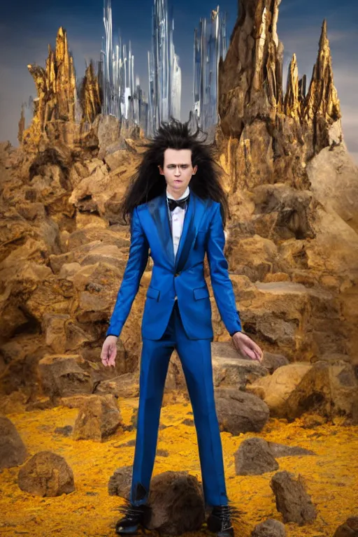 Prompt: portrait of a beautiful androgynous actress with long messy spiked red hair, golden eyes, dark skin, and tufted elf ears and dressed in a blue men's suit with a yellow tie, standing on a stone bridge with a fantasy metropolis of tall stone towers in the background