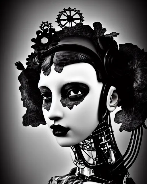 Image similar to black and white dreamy foggy poetic smoky profile face portrait, one silver steampunk realistic eye biomechanical beautiful angelic young female cyclope - cyborg - robot bust, body ribs meshes,, volumetric light, hibiscus flowers, by dora maar, rim light, big gothic fashion pearl embroidered collar, 8 k