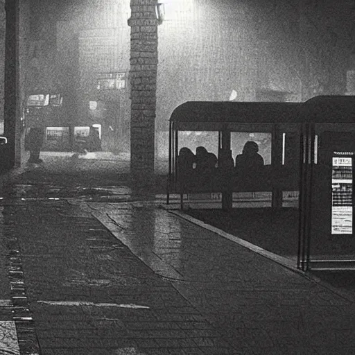 Image similar to a some people waiting in a lone bus stop in quiet dark city night, high quality, high resolution,detailed, from silent hill games