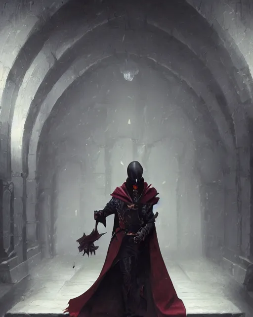 Image similar to oil painting of Anthropomorphized dark Raven Spymaster, wearing dark cloak, sharp focus, fantasy style, octane render, volumetric lighting, 8k high definition, by greg rutkowski, highly detailed, trending on art Station, magic the gathering artwork, Dungeon backround, centered