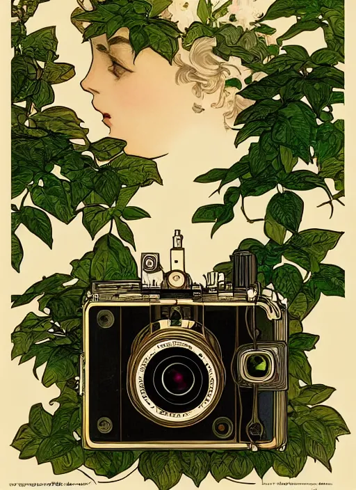 Image similar to photographer looking through a vintage camera, design on white background, beautiful details, lush foliage, gold, drawn by john singer sargent, studio ghibli, alphonso mucha, lolish, trending on artstation