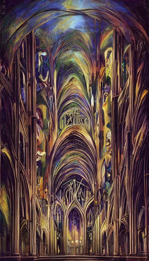 Image similar to The gothic cathedral of endless dreams, italian futurism, Dan Mumford, da vinci