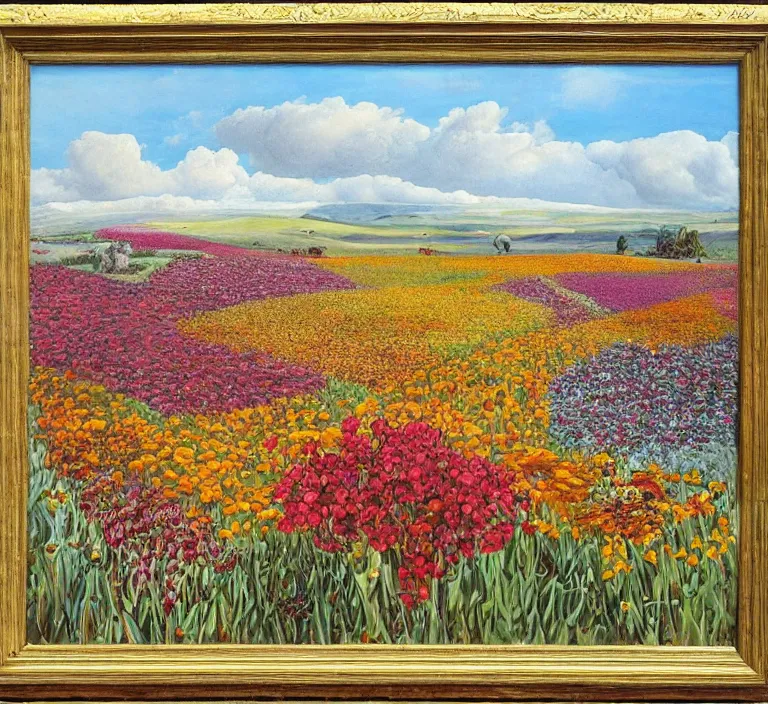 Image similar to highly detailed oil painting of a field of flowers painted by salvador dali