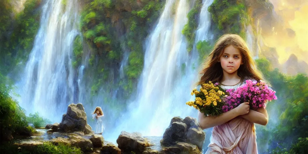 Prompt: hyperrealist portrait of a girl offers a bouquet of flowers to the ancient god of salt, gold and myrrh in a natural landscape with a huge waterfall behind. by daniel f. gerhartz, fantasy art, photo realistic, dynamic lighting, artstation, poster, volumetric lighting, very detailed faces, 4 k, award winning