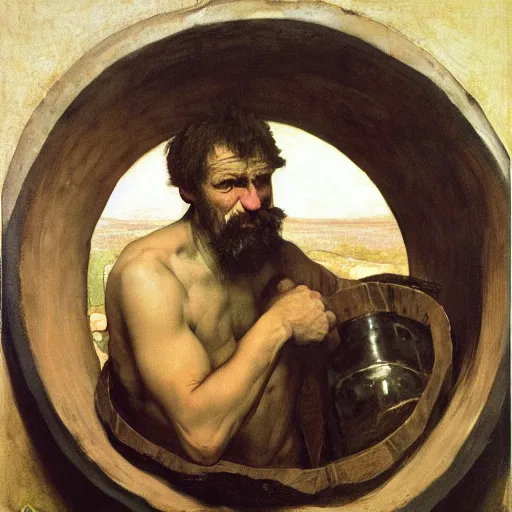 Image similar to Portrait Portrait of Diogenes the Cynic donning hobo costume whilst resting in an enormous wine cask theodore gericault donato giancola john william waterhouse maxfield parrish mikhail vrubel arkhip kuindzhi astri lohne stained lacquer glaze