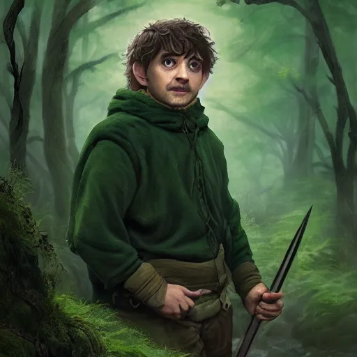 Prompt: a portrait of a handsome hobbit rogue wearing a dark green hood and a cloak in the forest, wearing adventure gear, holding a sword, ultra realistic, detailed, masterpiece, short hair cut, clean shaven, by Tony Sart and Randy Vargas and Greg Rutkowski, trending on ArtStation