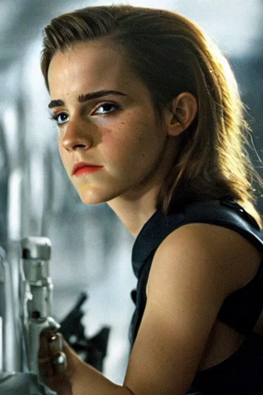 Image similar to a cinematic still of Emma Watson as The T-1000 . Terminator 2 Judgement Day.