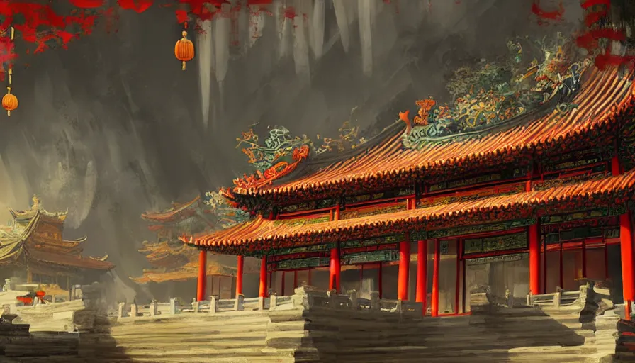 Image similar to enviroment concept art of chinese temple by jama jurabaev, cinematic shot, brush hard, artstation, for aaa game, high quality, brush stroke