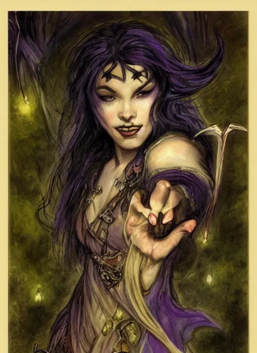 Image similar to portrait of young female sorceress of doom, beautiful! coherent! dungeons and dragons character, by brian froud, strong line, night color, high contrast