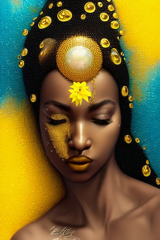 Image similar to hyperrealistic precisionist cinematic profile very expressive! black oshun goddess, sleeping in water!, mirror dripping droplet!, gold flowers, highly detailed face, digital art masterpiece, smooth eric zener cam de leon, dramatic pearlescent turquoise light on one side, low angle uhd 8 k, shallow depth of field