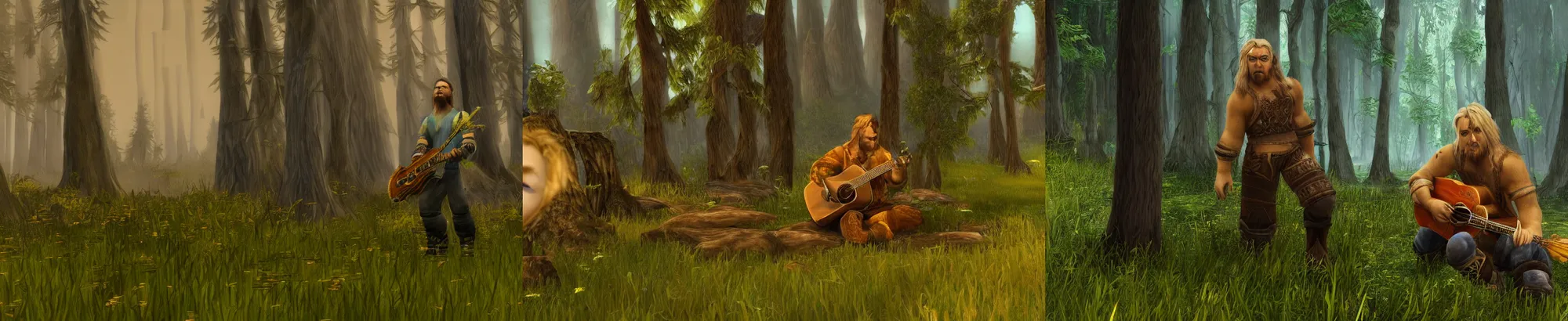 Prompt: alone leonardo dicaprio with blonde hair playing guitar inside of warcraft elwynn forest, pc screen image.