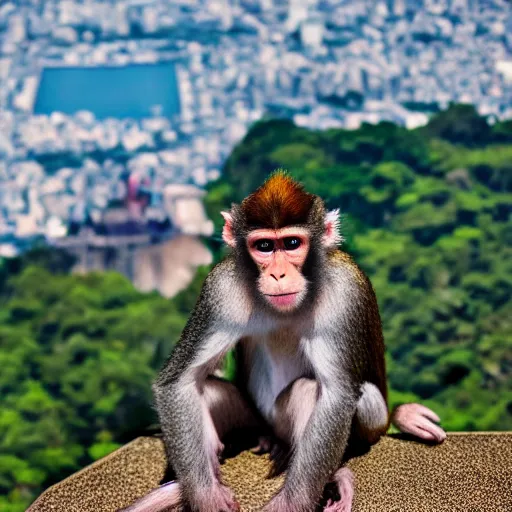 Image similar to high quality portrait of a monkey in front of Christ The Redeemer, studio photograph, photograph, realistic photo, 8k photo, 4k photo, stock photo, high resolution, cinematic shot, high detail