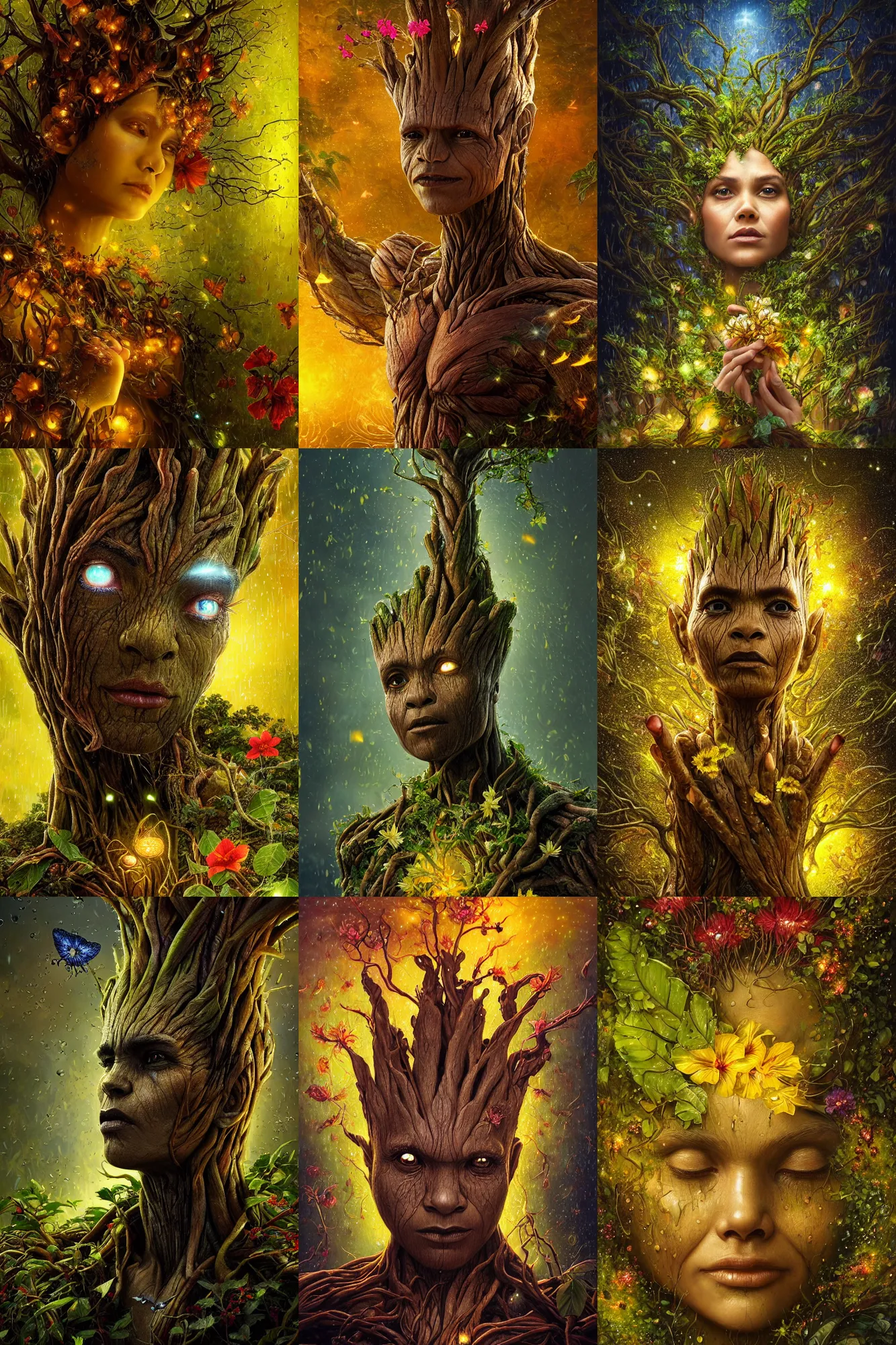 Prompt: a stunning ultra detailed fantasy fine art closeup photo of a calm groot surrounded by montsera leaves, yellow hibiscus flowers and fireflies, by tomasz alen kopera, igor morski and anna dittman, rain, night, very detailed, deep depth of field, 8 5 mm lens, soft lighting, artstation, highly coherent, 8 k