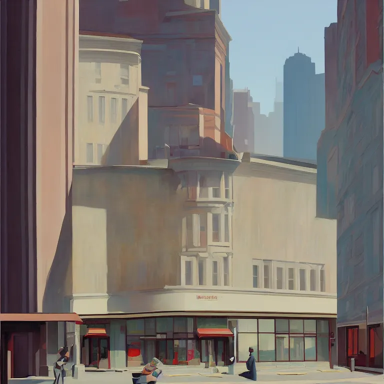 Image similar to morning watefall in an empty city, , painted by Edward Hopper, painted by James Gilleard, airbrush