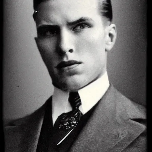 Image similar to A photograph portrait of Jerma985 with slicked back hair in the early 1920s, taken in the early 1920s, grainy, taken on a early 1900s Leica Camera, realistic, hyperrealistic, very realistic, highly detailed, very detailed, extremely detailed, detailed, digital art, trending on artstation