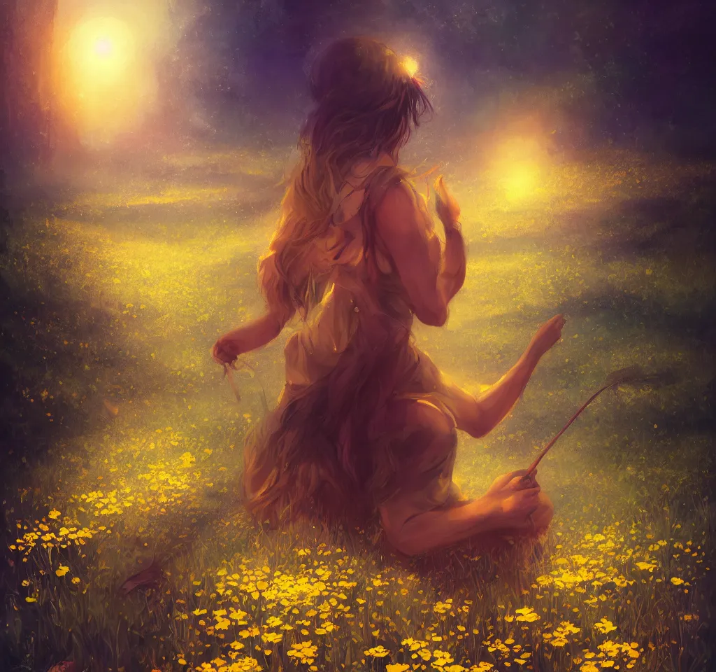 Prompt: ( poster of a girl picking golden flowers from a riverbed. ) by anato finnstark, dream, full body portrait, dynamic lighting, beautiful, trending on artstation, wallpaper, 4 k, award winning, digital art, very detailed faces