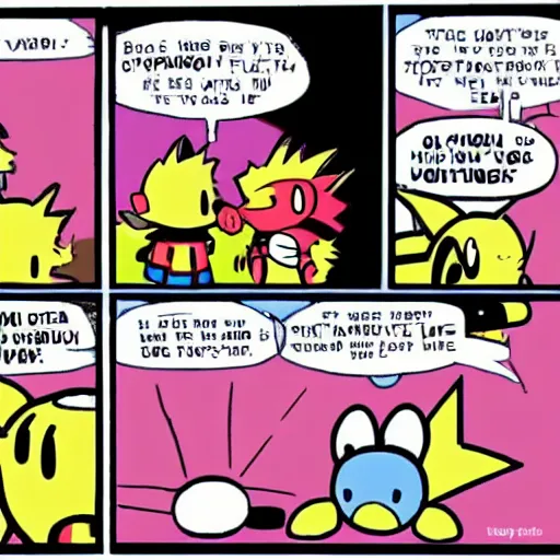 Image similar to a 4-panel comic about Kirby fighting pokemon in the style of calvin and hobbes