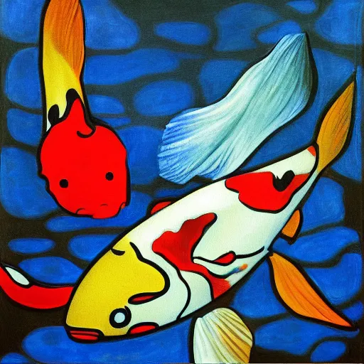 Prompt: painting by mondrian, koi fish, top view