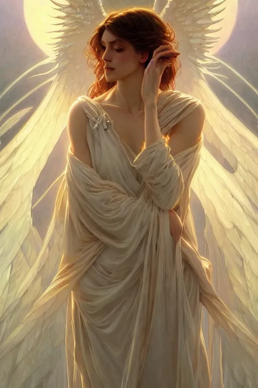 Image similar to Angels in white gauze dresses, the glow of the moonlight, fantasy, intricate, elegant, highly detailed, digital painting, artstation, concept art, matte, sharp focus, illustration, art by Artgerm and Greg Rutkowski and Alphonse Mucha