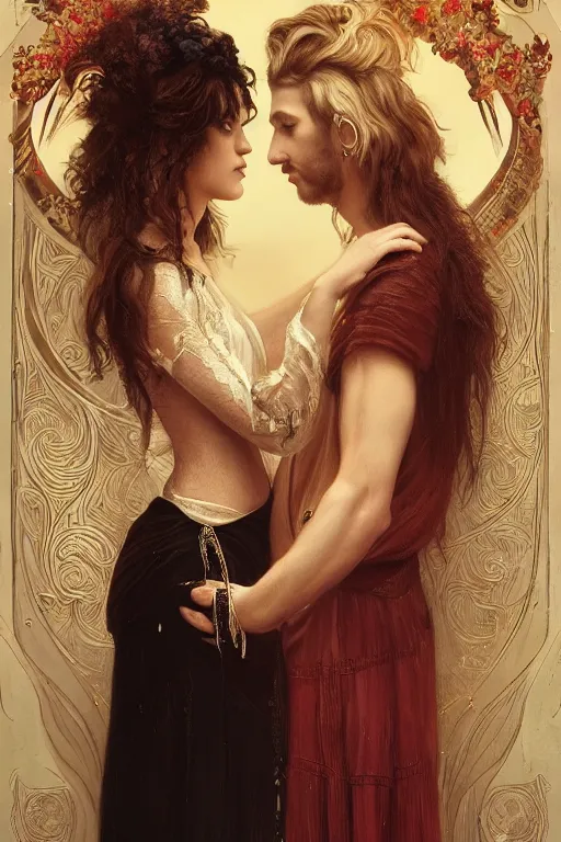 Prompt: a portrait of handsome young male rock star with long hair and his elegant beautiful bohemian wife, bored, illustration, dramatic lighting, soft details, painting oil on canvas, art nouveau, octane render, HDR, 4k, 8k, HD, by Edmund Blair Leighton, Brom, Charlie Bowater, trending on artstation, faces by Tom Bagshaw, Sargent