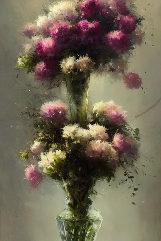 Prompt: lush flowers in a crystal vase by jeremy mann and greg rutkowski, beautiful cinematic lights, trending on artstation, oil on canvas