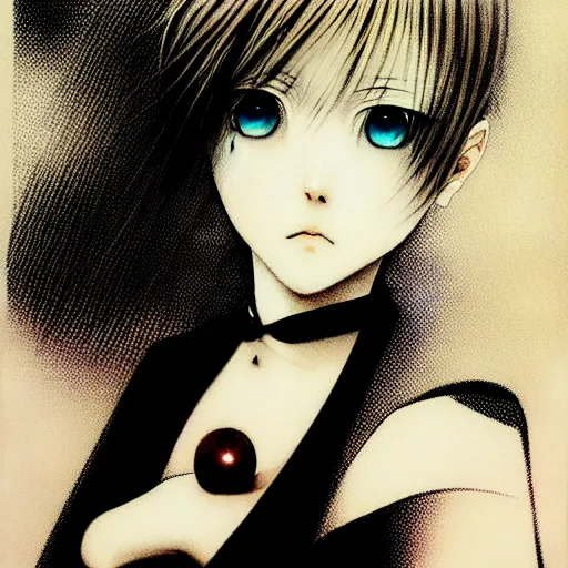 Image similar to Yoshitaka Amano realistic illustration of an anime girl with short white hair and black eyes wearing tuxedo, abstract black and white patterns on the background, noisy film grain effect, highly detailed, Renaissance oil painting