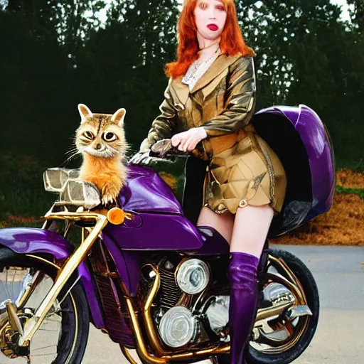 Image similar to a photo by arbus of a slender beautiful woman with straight ginger hair and bangs, wearing purple leathers and gold helmet, posing with large ginger tabby and raccoon on a motorcycle in front yard, holding coffee mug and toasted brioche bun, fashion photography, dramatic lighting, 8 5 mm lens