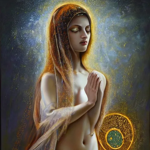 Prompt: beautiful gorgeous pristine italian Goddess of life with a veil, dark Goddess of artificial intelligence creating an artificial neural network with gold synapses on an anvil with her scythe, high resolution, award winning art, trending on art station, sharp image, incredibly detailed, detailed character, realistic painting, hyper-realistic painting, coherent painting, master piece by ramon y cajal