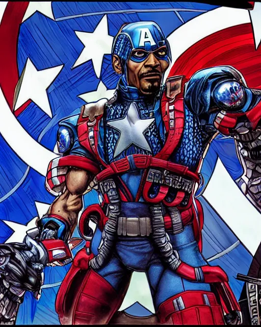 Image similar to snoop dog as captain america by masamune shirow, biomechanical, 4 k, hyper detailed