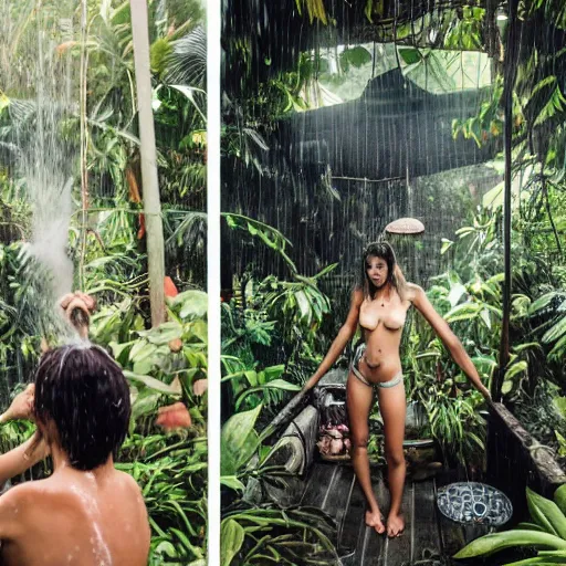 Image similar to 4 k hdr polaroid wide angle portrait of woman instagram models in a bali home in the jungle showering during a rainstorm shower in the jungle with moody overcast lighting