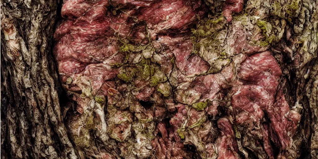 Prompt: details of lichens growing on flesh and skin, meat, bark texture details, painitng, wrinkles and muscle tissues, stab wound, oil on canvas, 4k, 8K, photorealistic, soft light, cinematic lighting, sharp, contrasting, dramatic light