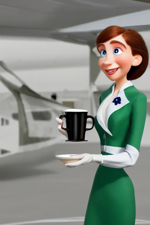 Prompt: portrait of female flight attendant green eyes holding white teacup with inside airplane corridor in background, full body. pixar disney 4 k 3 d render funny animation movie oscar winning trending on artstation and behance, ratatouille style