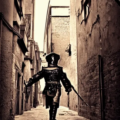 Prompt: a steampunk knight walking down an alley